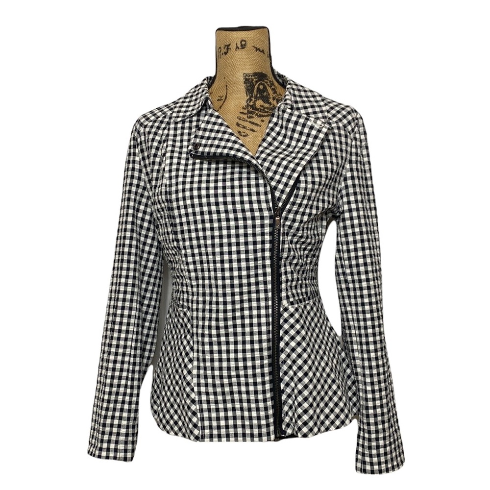 Isaac Mizrahi Live Black White Checkered Moto Style Zip-Up Jacket 4